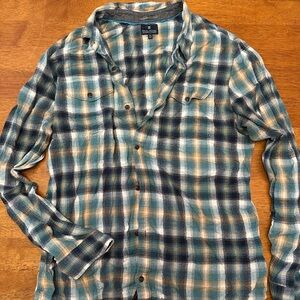 Casual Teal, Navy & Tan Plaid Button-Down Shirt